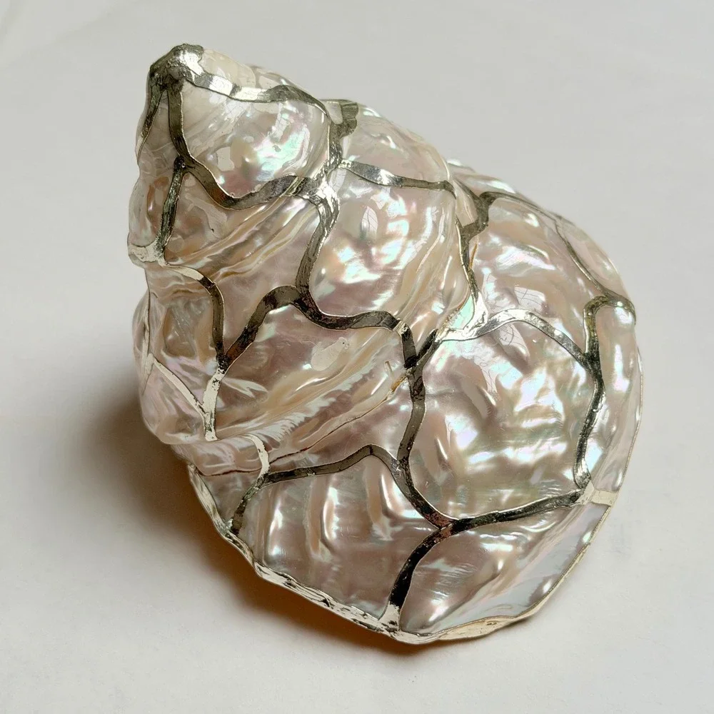 Vintage Iridescent Shell with Silver Metal Overlay Decor Gift Beach Nautical